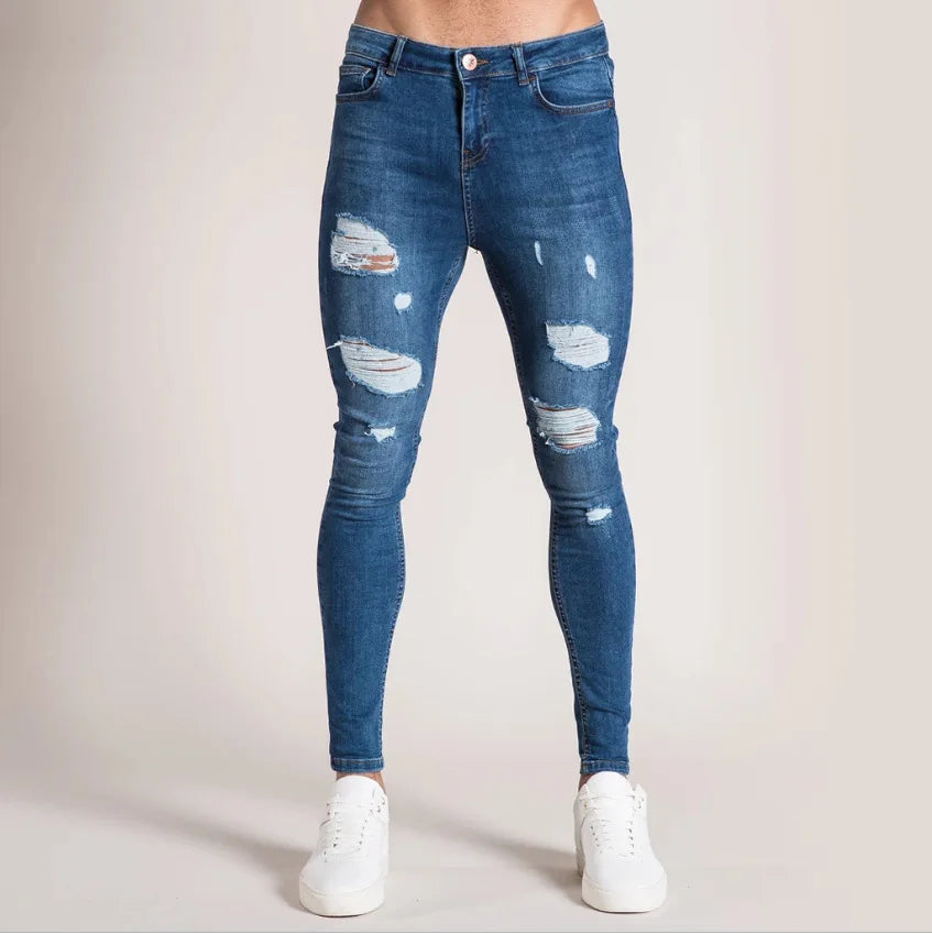 Men Jeans Knee Hole Ripped Stretch Skinny Denim Pants Solid Color Black Blue Autumn Summer Hip-Hop Style Slim Fit Trousers S-4XL
