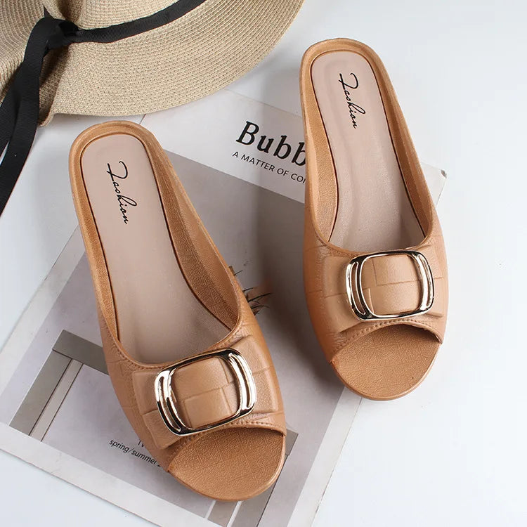 Summer Women Square Buckle Open-Toe Slippers Single Strap Flat Sandals Lady Solid Color Outdoor Beach Shoes Adult Casual Sandals