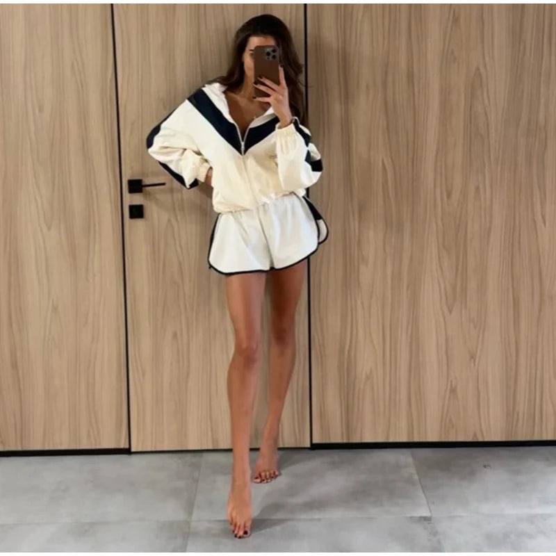 Fashion Contrast 2 Piece Short Set Women's Stand Collar Zip Lightweight Jacket Loose Mini Shorts 2026 New Lady Casual Outfit