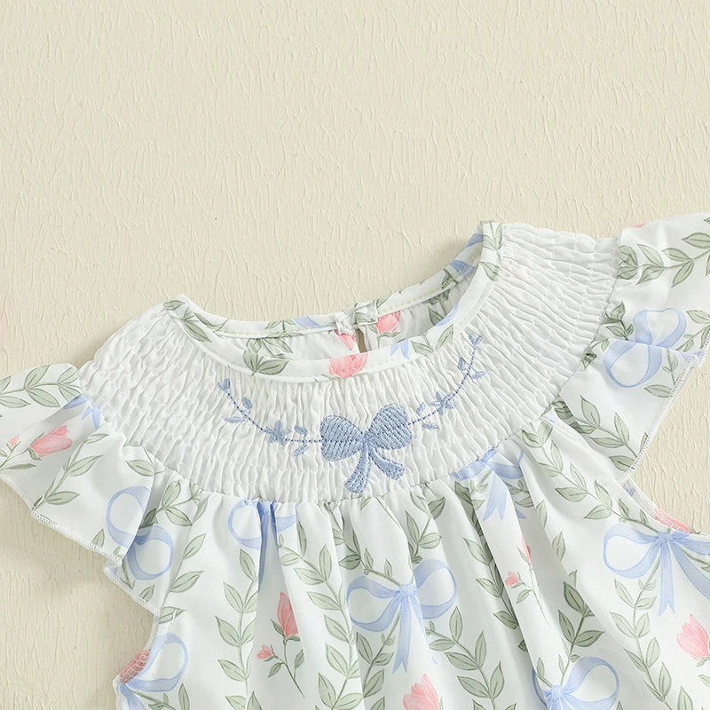 Summer Newborn Clothing Baby Girls Romper Fly Sleeve Crew Neck Bow Leaves Print Infant Jumpsuit Summer Clothes