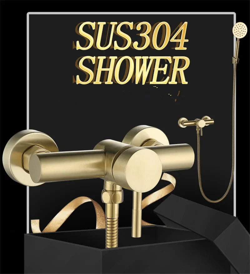 Brushed Gold Bathroom Shower Faucet Set Wall Mounted  ,  Cold and Hot Bath and  Mixer Taps Brass