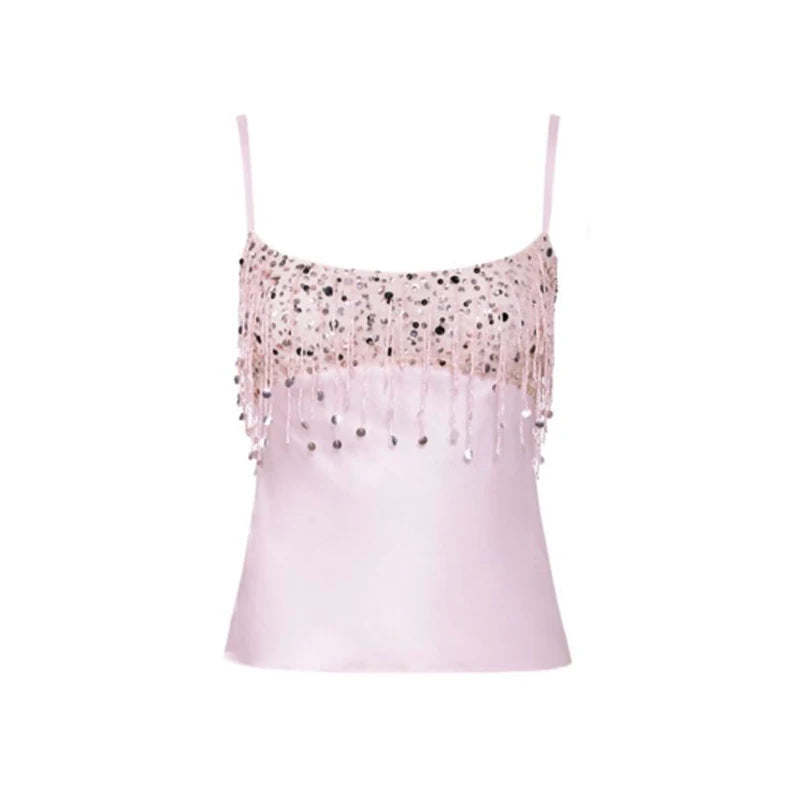 Sexy Tassel Sequins Vest Mini Skirt Women Crop Sling Vests Short Hip Package A-line Skirts 2026 Summer Lady Beach Party Outfits
