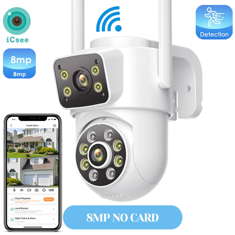 8MP 4K Outdoors Wifi Camera Dual Lens Security PTZ IP Camera 5X Digital Zoom Lens Human IP66 Waterproof Auto Detect Tracking Cam