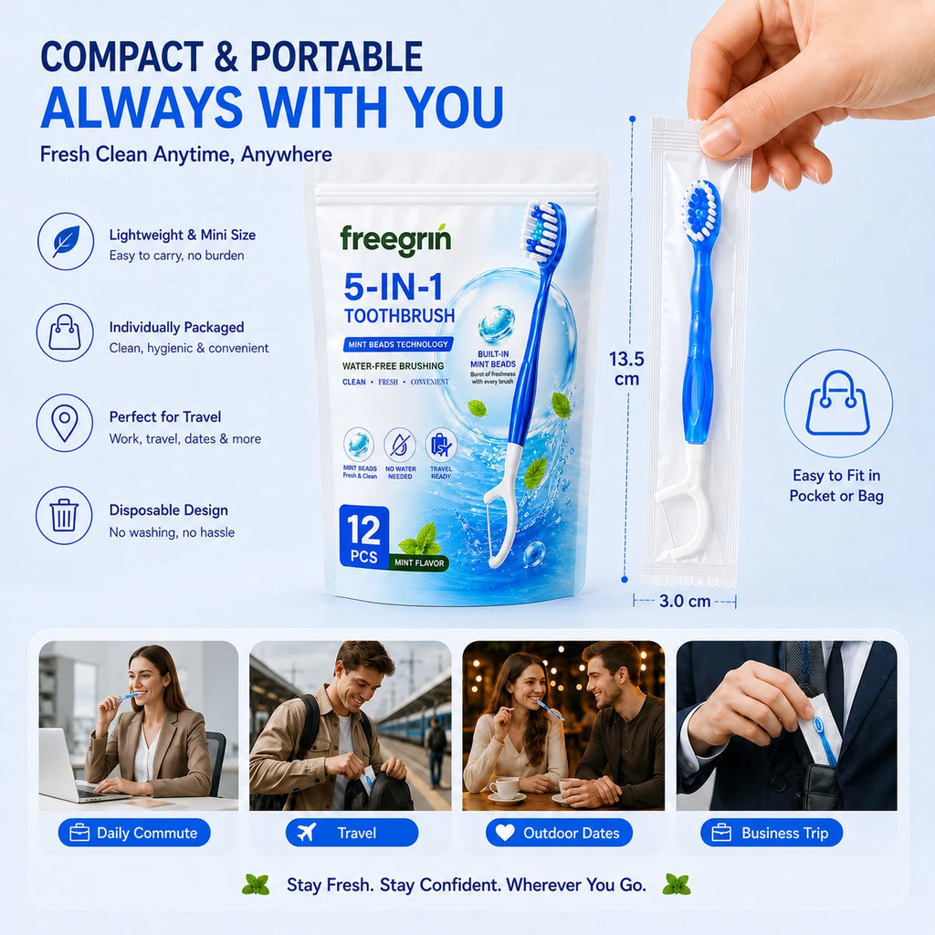 5-in-1 Disposable Travel Toothbrush 12Pcs Mint,Individually Wrapped Soft Brush with Toothpaste Floss Pick Tongue Scraper