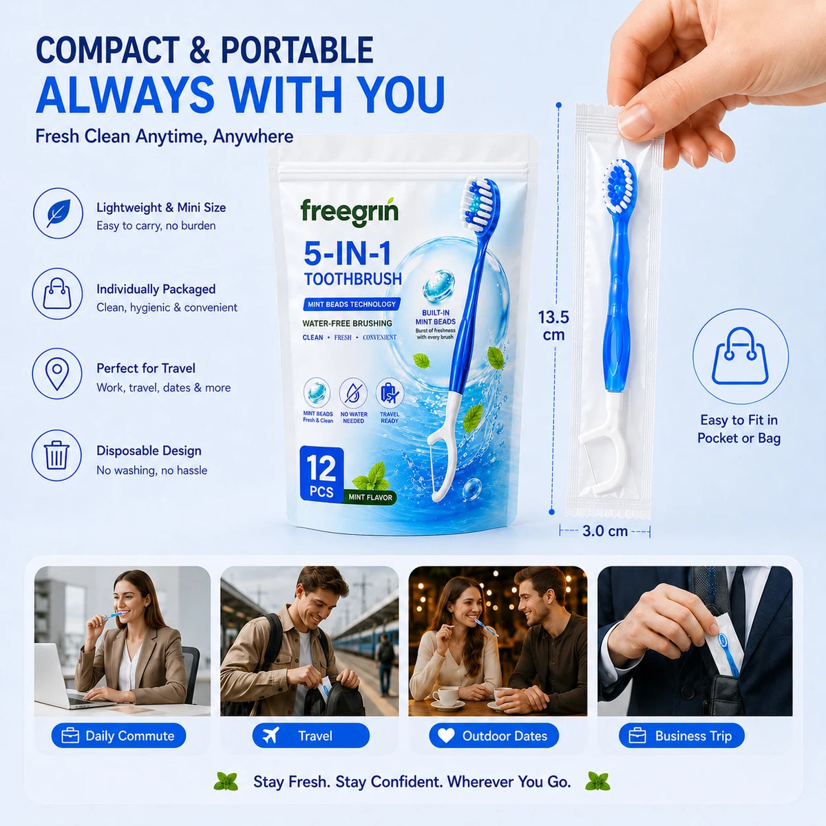5-in-1 Disposable Travel Toothbrush 12Pcs Mint,Individually Wrapped Soft Brush with Toothpaste Floss Pick Tongue Scraper