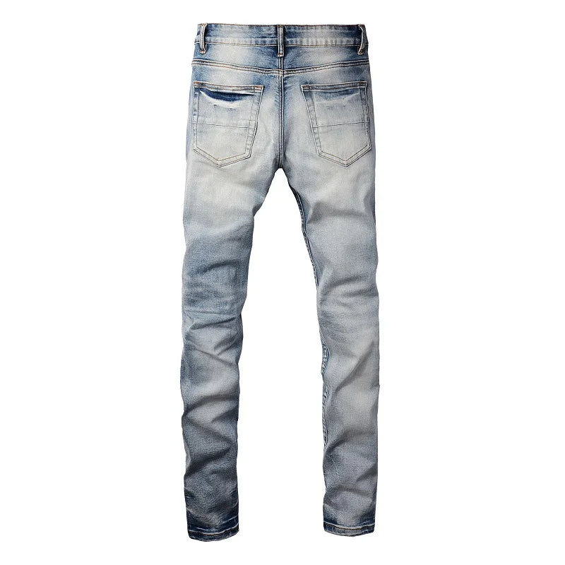 Men Paisley Bandana Print Patch Jeans Streetwear High Stretch Denim Pants Holes Ripped Patchwork Skinny Tapered Trousers