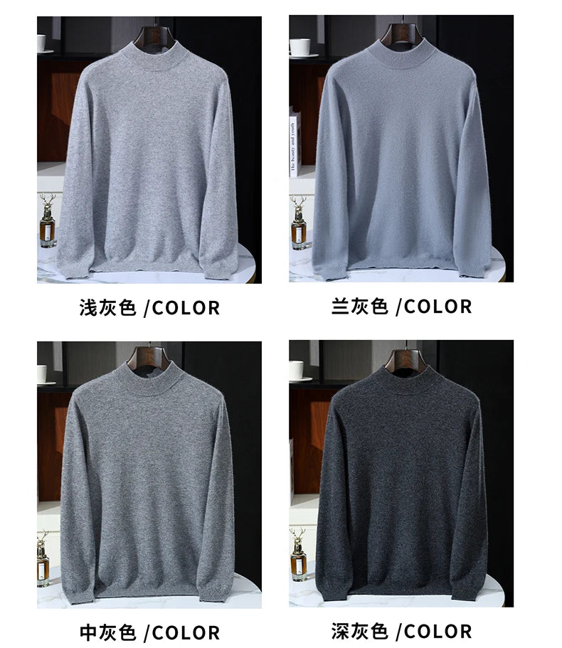 Autumn/Winter Men's 100% Pure Cashmere Pullover Business Casual Solid Knitted Sweater Loose Half High Neck Tops Thick Jumper