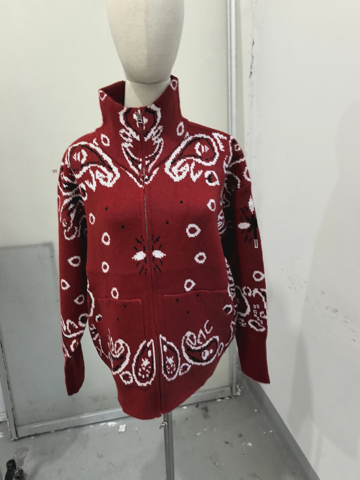 Elegant Knitted Print Women's Cardigan Loose Full Sleeve Stand Collar Zipper Sweaters Female 2026 Autumn Outwear Pockets Lady