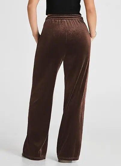 Women's High Waist Velvet Wide Leg Pants Drawstring Elastic Waist Loose Casual Trousers Autumn Winter Solid Color Long Pants B