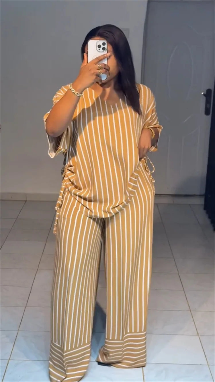 Pant Set Women Two Piece Sets V Neck Short Sleeve Drawstring Shirt Striped Wide Leg Long Pants Elastic Waist Y2k Streetwear 2026