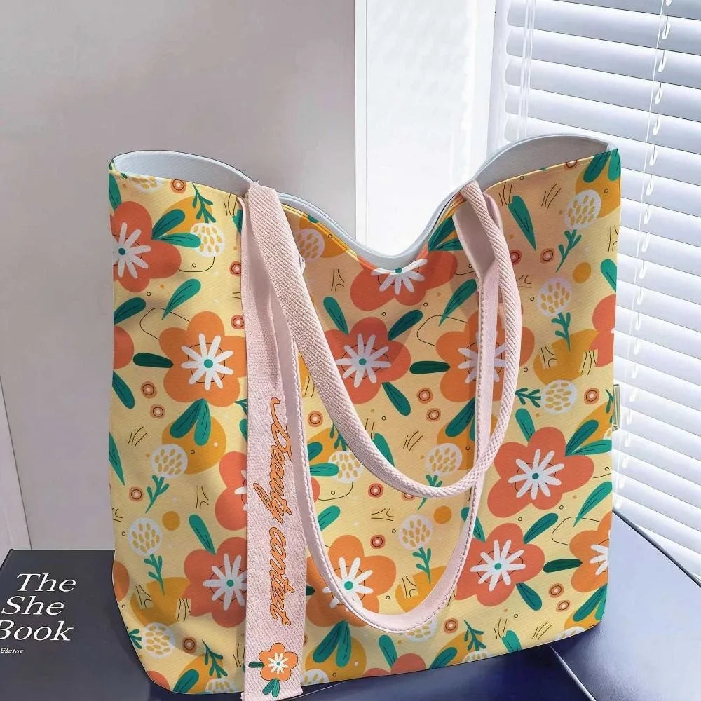 Portable Floral Canvas Tote Bag Large Capacity Reusable Commute Handbag Lightweight Shopping Bag For Work