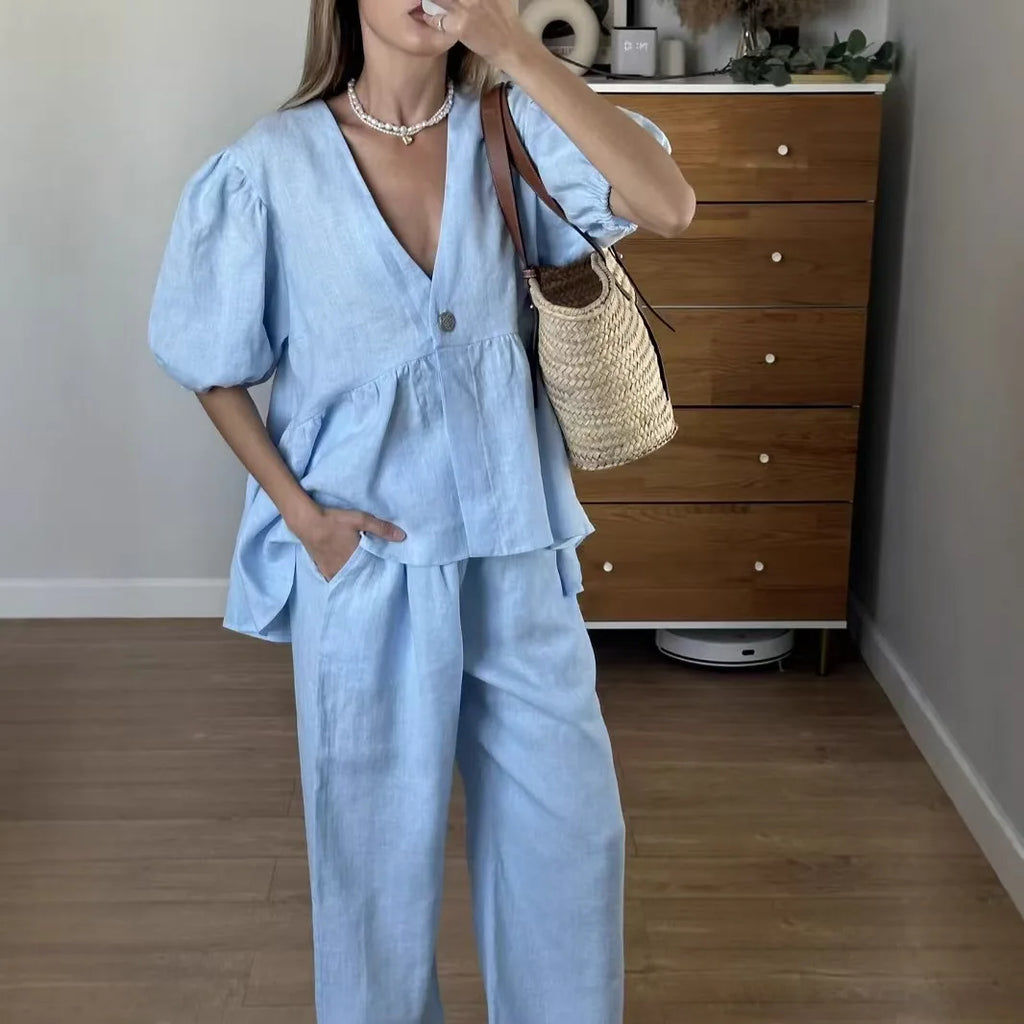 Elegant Solid 2 Piece Sets Women New Fashion Puff Short Sleeve V-Neck Button Top Wide Leg Pants Suit Casual Streetwear Outfit