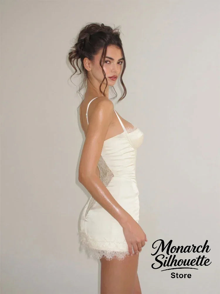 Solid Satin Lace Corset Mini Dress Women Sexy Spaghetti Strap Sheer Panel Slim Fit Short Dresses 2026 Trendy Lady Night Out Wear