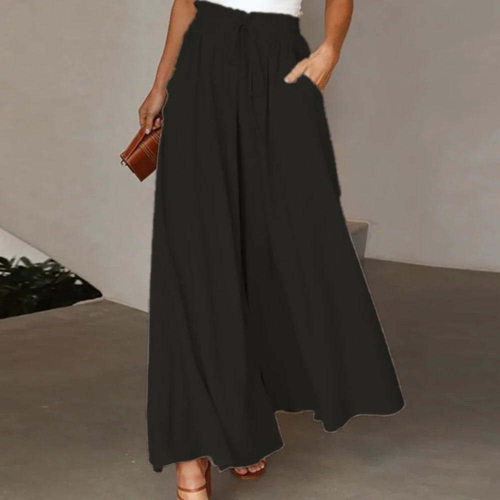 Women Casual Elastic Waist Wide Leg Pants Summer Elegant Drawstring Loose Straight Trouser Elegant Solid Pants Vacation Beach