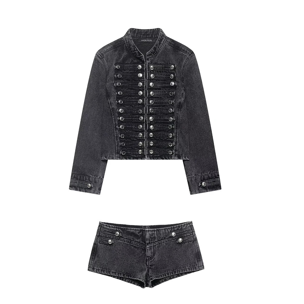 European and American style 2026 summer new women's clothing design sense close fitting denim jacket low waist shorts set