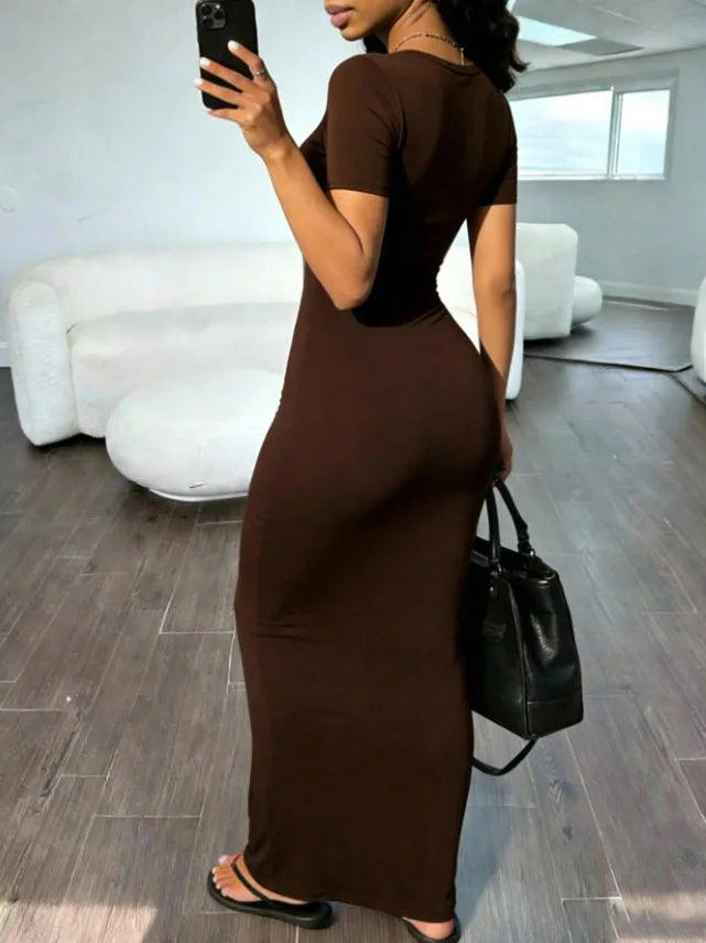 Sexy Skinny Women's Bodycon Party Dress Fashion O-neck Short Sleeve Solid Color Wraped Hip Package Long Dress Female Sexy Dress