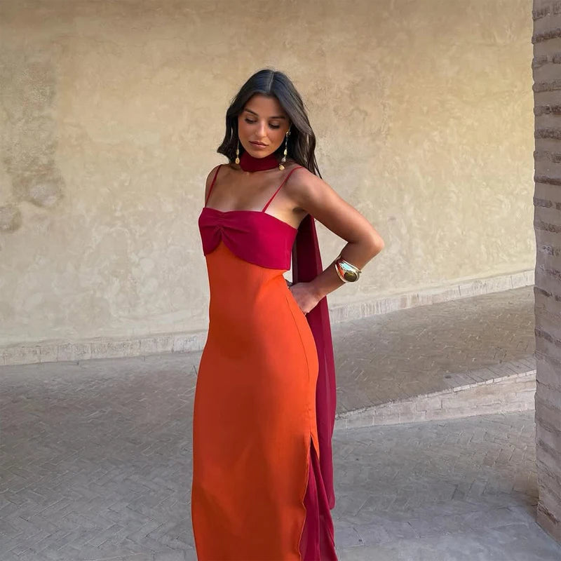 Color Blocking Scarf Collar Suspender Women Maxi Dress Spaghetti Strap High Split Floor Length Evening Dresses Lady Party Robes