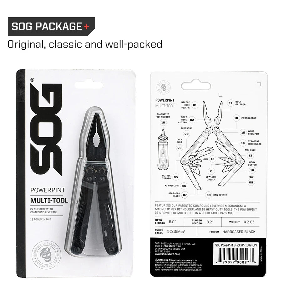 SOG 18 in 1 PowerPint Mini Multi-tool Stainless Steel Pocket EDC Multifunctional Pliers with Folding Knife Screwdrivers Scissors For Survival Fishing Hiking Cycling Travel DIY Home Emergency Repair Portable Camping Tools and