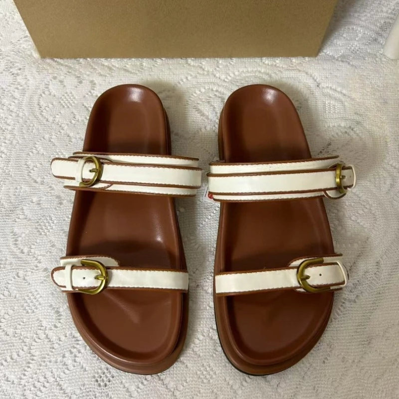 Double Buckle Sandals Women Comfortable Flat Slippers Casual Summer Beach Shoes Non-slip Slip On Slides Chunky Footbed