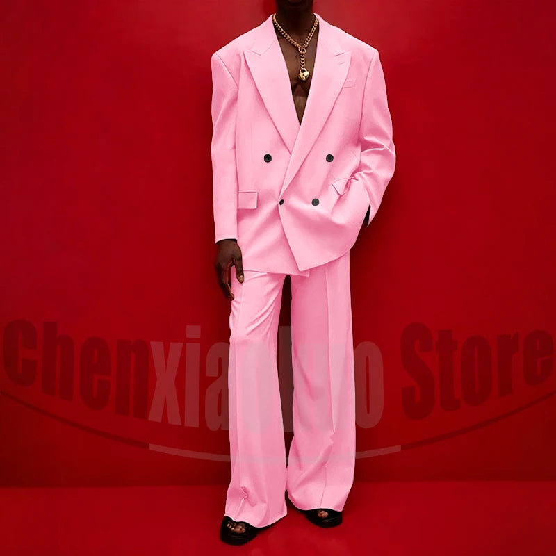 Men's Double Breasted Suit Set Oversized Blazer and Wide-Leg Trousers Fashion Casual Formal Outfits for Streetwear Party