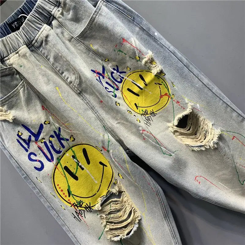 2025 Fashion Printed Ripped Distressed Streetwear Jeans Women's Summer New High-waisted Loose Straight-leg Versatile Harem Pants