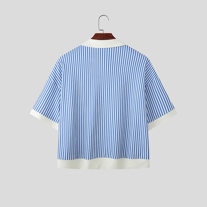 INCERUN Men Shirt Striped Patchwork Lapel Short Sleeve Casual Men Clothing Summer Color-block Fashion Leisure Tops Male Shirts