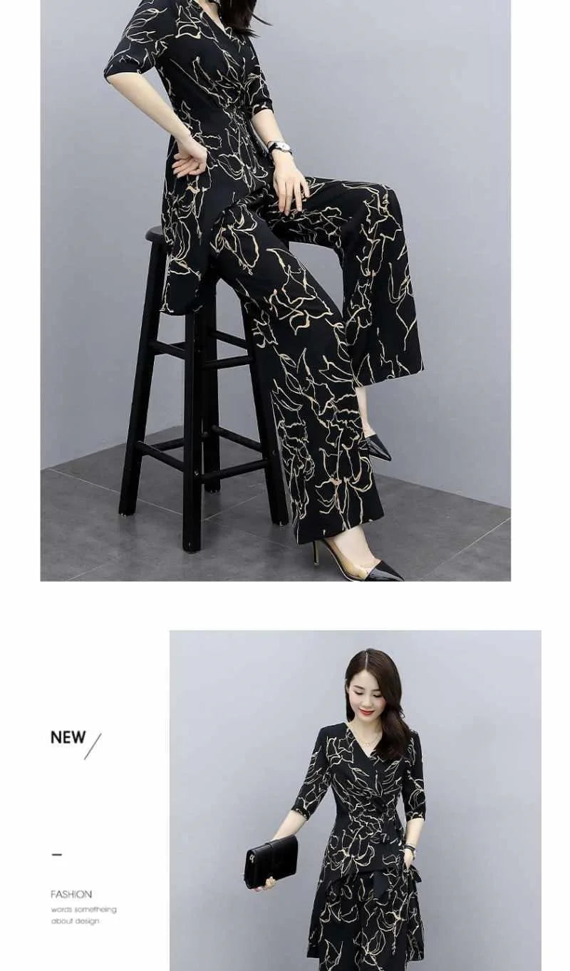 2 Piece Set Women Casual Fashion Printing Pants Suit Short Sleeve Tops +Wide Leg Pants 2 Piece Outfits Women White Set Summer4XL