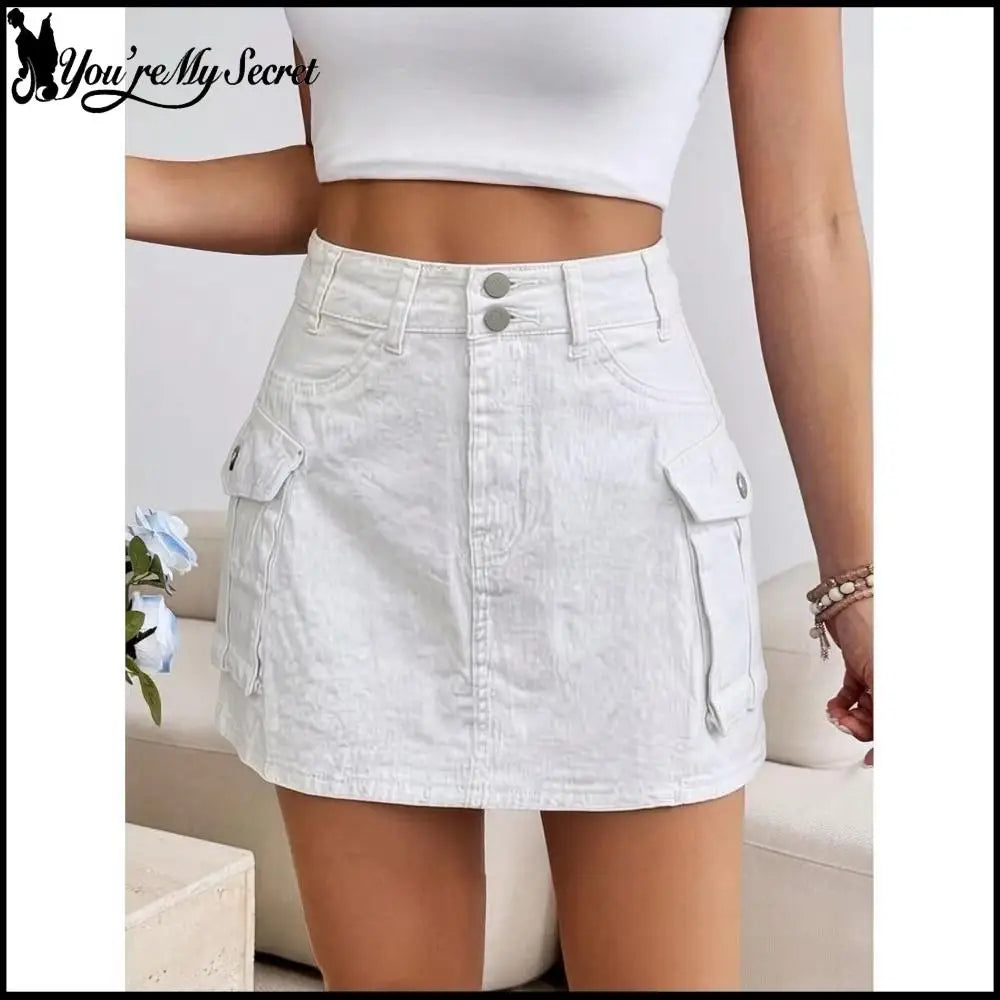 Sexy Women High Waist Cargo Denim Mini Skirt Double Button Multi Pocket A Line Short Skirt Y2K Streetwear Casual Jean Dress