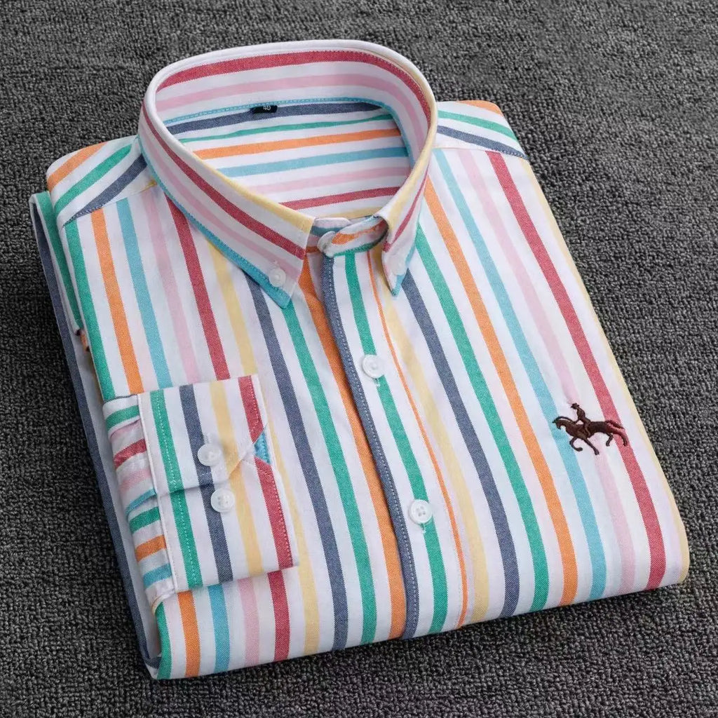 100% Pure Cotton Men's Long Sleeve Shirt Business Casual Solid Color Embroidered Oxford Spun Shirt