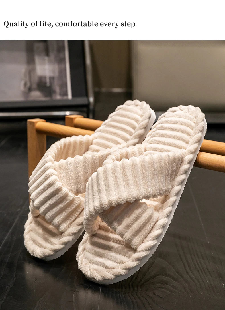Fashion Corduroy Cross Band Open Toe Home Slippers Women Autumn Winter Warm Plush Slides Ladies Bedroom Soft Sole Slippers