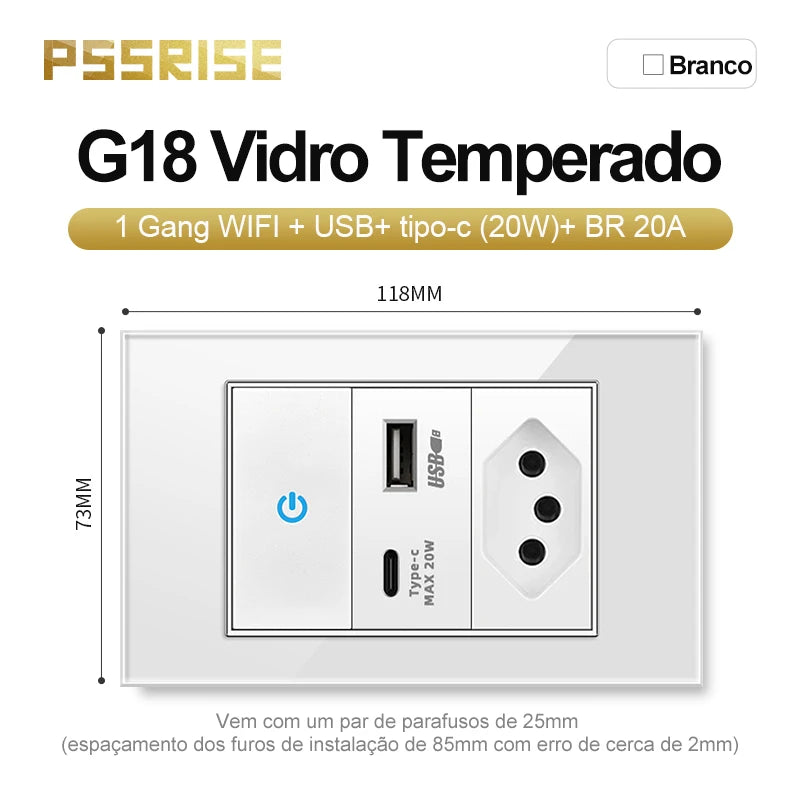 PSSRISE White Tempered Glass Standard sockets and switches brazil Switzerland Usb Type C Wall Socket Light Switch Smart Switch
