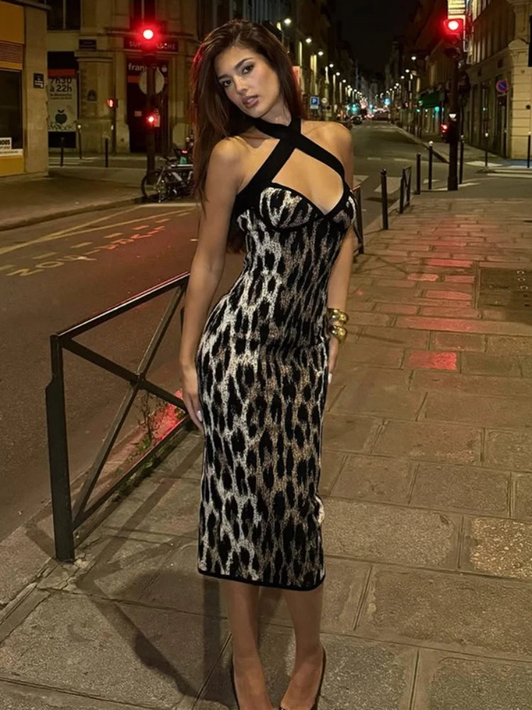 FDYOUI Fashion Halter Bodycon Leopard Dress Party Night Club Outfit Women Sexy Sleeveless Backless Midi Evening Prom Dresses
