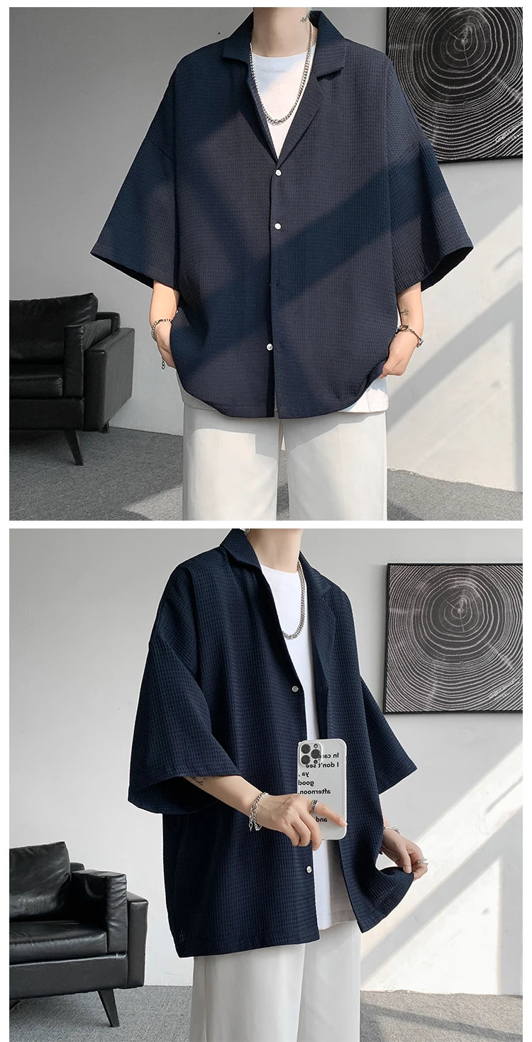LEGIBLE Spring Summer Solid Shirts Men Casual Oversized Three Quarter Shirts Male Loose Fit Shirt for Man