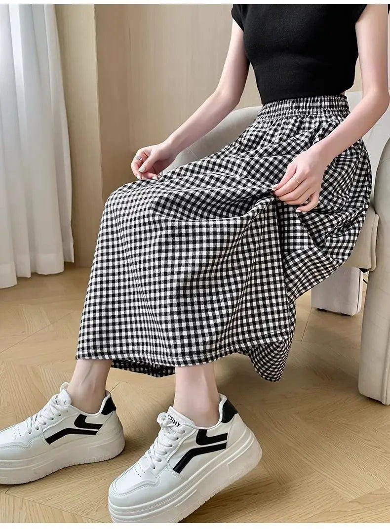 Black White Checkered A-line Skirt Women Summer Lightweight High Waisted Long Skirt for Petite Slimming Casual 2025 New