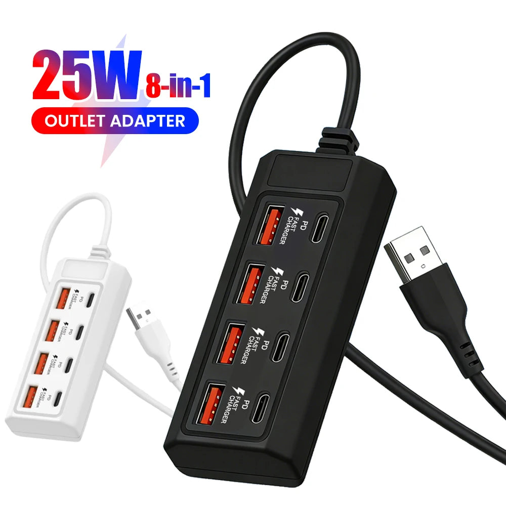 8 Ports 25W Power Outlet Adapter Electrical Socket Docking Stations 4USB+4Type C Charger Splitter Converter USB Extension Socket