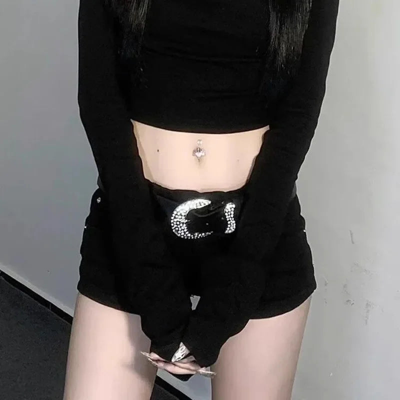 Summer Black Hot Shorts for Women Sexy Low Rise Y2K Gothic Tight Denim Short Pants Female Harajuku Streetwear Grunge Mini Shorts