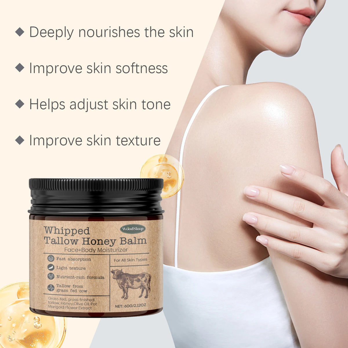 Whipped Beef Tallow Cream Face Body Moisturizer Reduce Wrinkle Increase Elasticity Skin Deep Nourishing Firming Anti Aging Cream