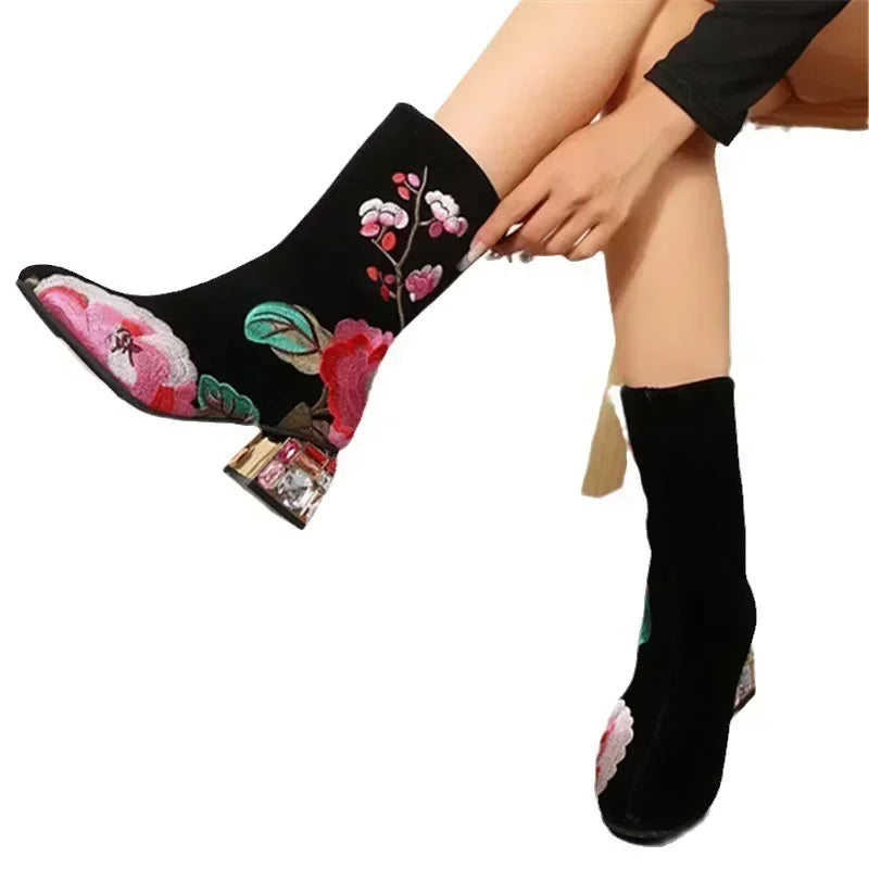 Women Flower Embroider Ankle Boots Winter Fashion Colorful Rhinestone Square Heels Zipper Motorcycle Short Boots Retro Shoes