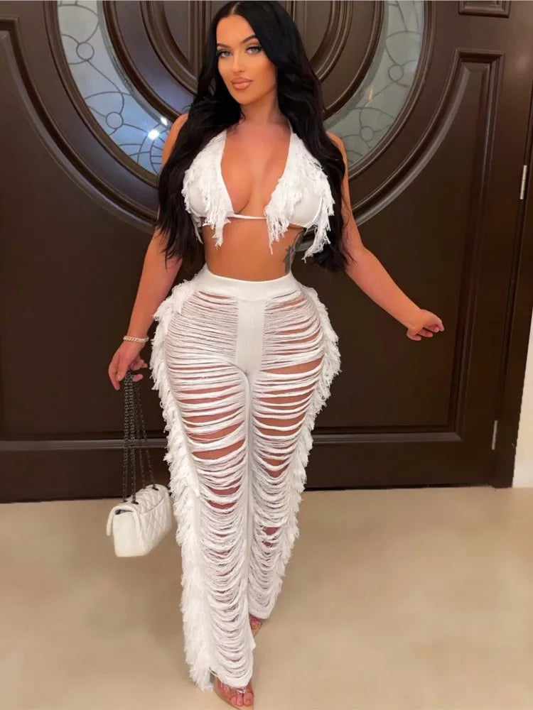 Sexy Women 2025 Knitted Set Two Piece Set Halter Backless Bra Crop Top Pants Crocheted 2 Pieces Set Hollow Out Crochet Beach Set