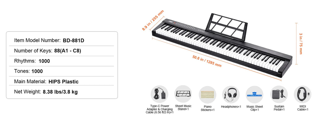 SucceBuy 88 Key Digital Piano Keyboard Semi Weighted Keys Full Size Electric Portable Keyboard Piano Set 1000Tones for Beginners