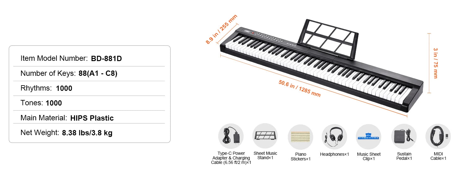 SucceBuy 88 Key Digital Piano Keyboard Semi Weighted Keys Full Size Electric Portable Keyboard Piano Set 1000Tones for Beginners