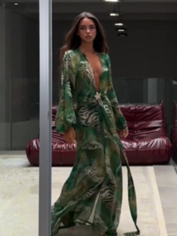Animal Print Wrap Maxi Dress V Neck Sleeve Twist Waist High Slit Long Gowns Women's Resort Vacation Party Robes 2026 New Arrival