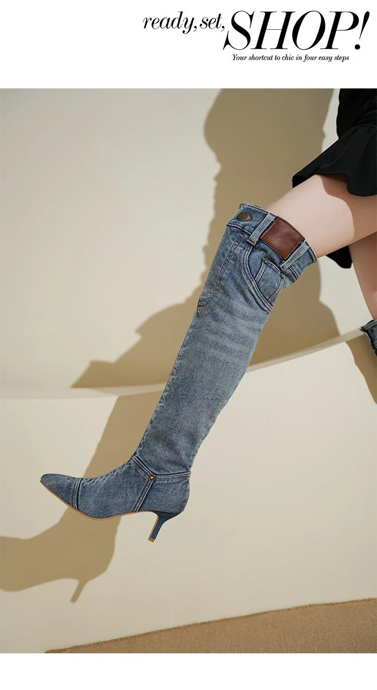 Denim Long Boots Women Knee Boots New 2025 Autumn Winter High Heels Retro Western Hot Girl Cowboy Boots Lady Modern Boot Botas