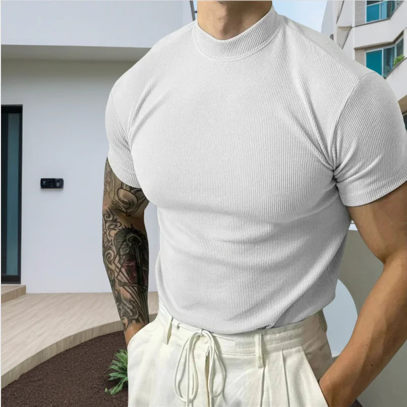 Spring Summer Elastic Comfortable Men's T-Shirt Small High Collar Stripe Shirt Short Sleeve Fitness tops Sports Casual T-Shirt