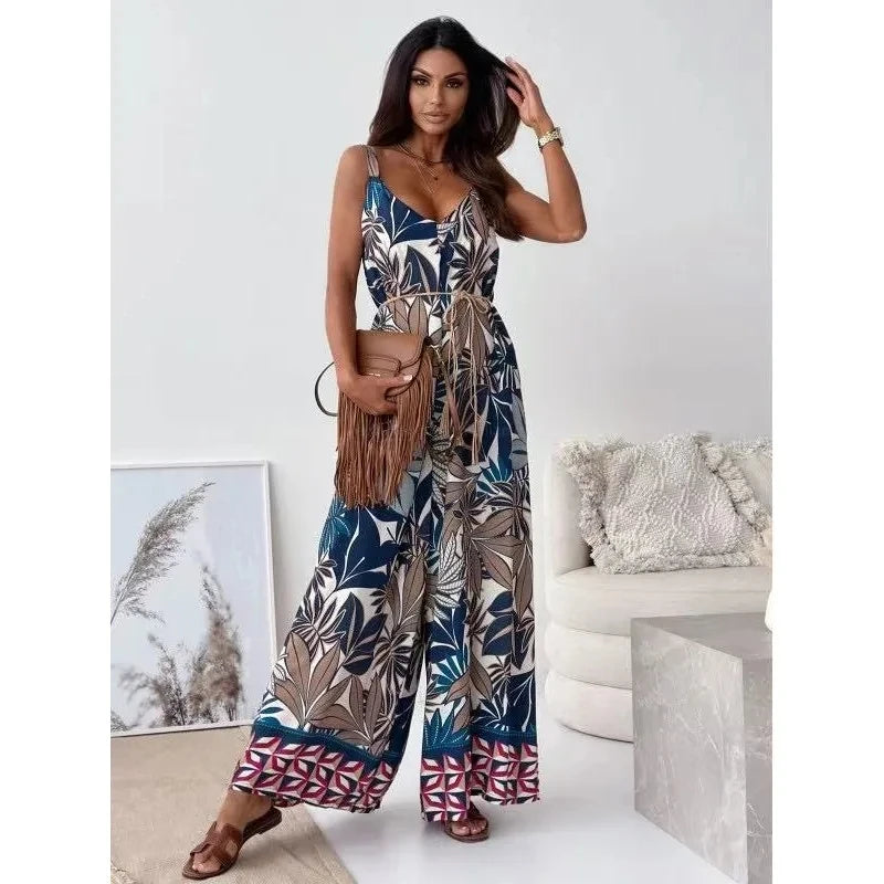 Women Wide Leg Jumpsuit V-Neck Strapless Belted Print New Style Short Pants Jumpsuits For Woman Combinaison Femme Monos Mujer