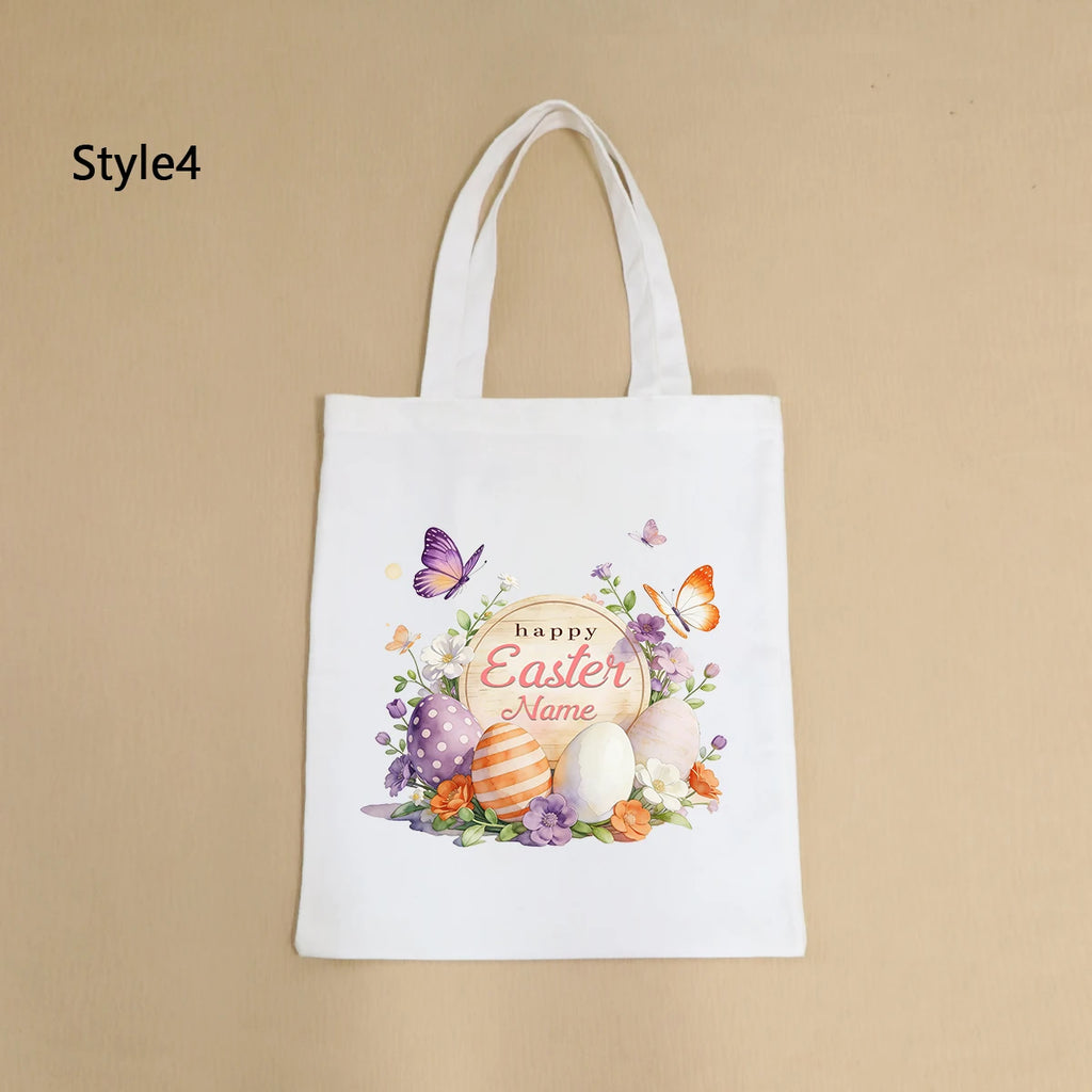 Custom Easter Tote Bag With Bunny And Floral Design, Personalized Name Shoulder Handbag For Spring Celebrations,