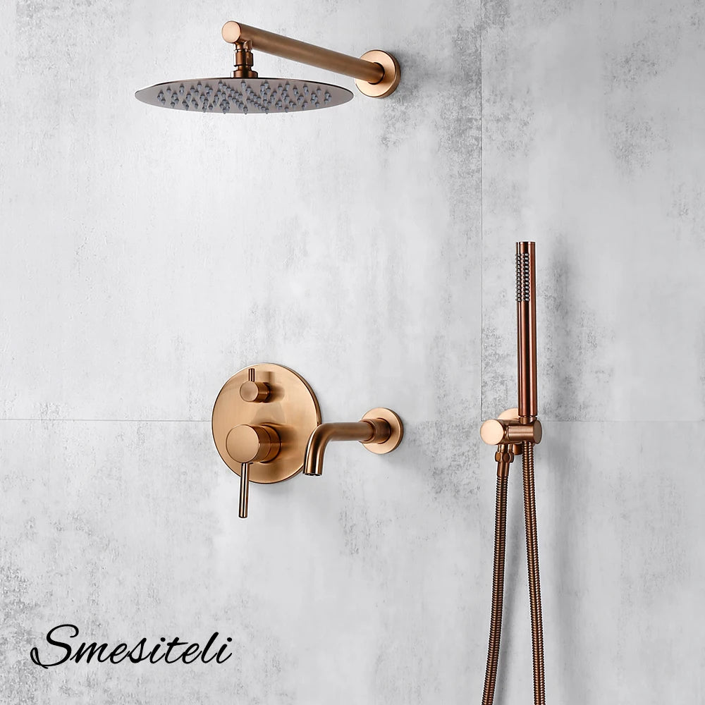 Bathroom Shower Faucet Brushed Rose Gold Smesiteli Brass 3 Way Diverter Valve Kit Hot & Cold Mixer Tap Tub Spout Hand Spray