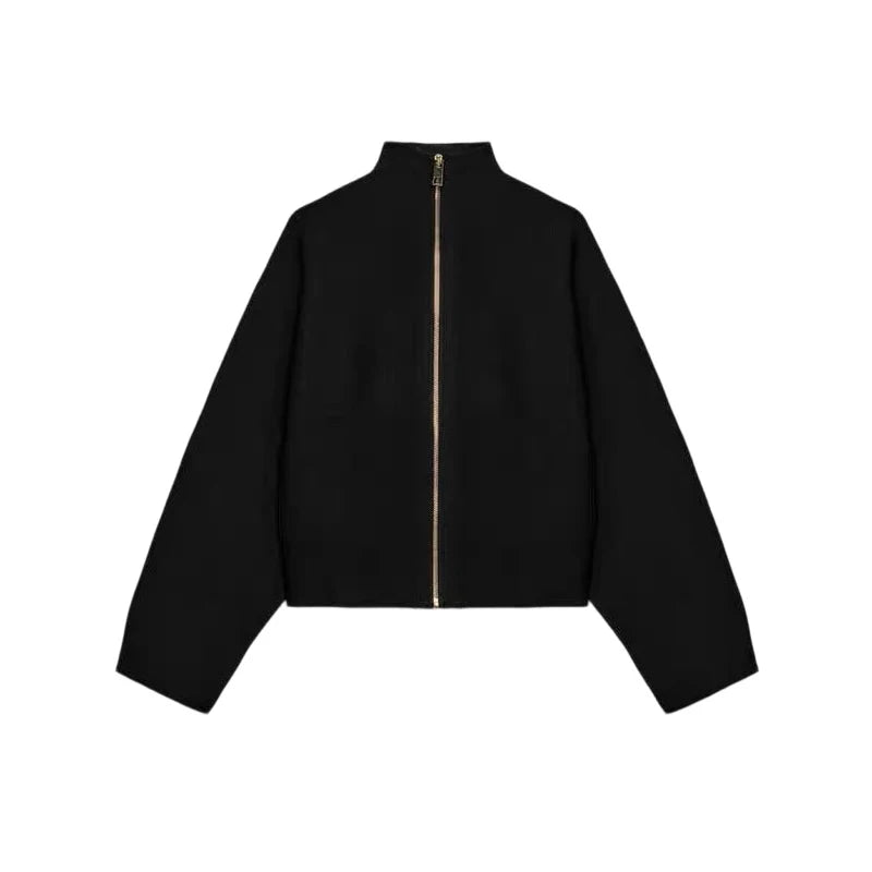Elegant Knitted Zipper Women's Sweater Solid Full Sleeve Stand Collar Loose Open Stitch Female 2026 Fashion Autumn Outwear Lady