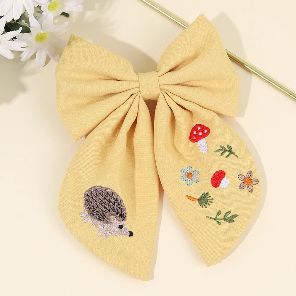 Cartoon Hedgehog Bow Hair Clip For Girls Elegant Handmade Flower Fox Embroidery Hairpins  New Trendy Headwear Hair Accessories