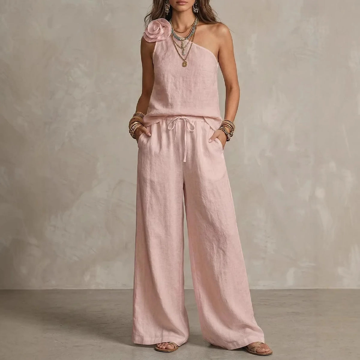 Women's Two-piece Set Slant Collar Top Wide-leg Pants 2026 Summer One-shoulder Suspender Trousers Solid Color New Flower Suit